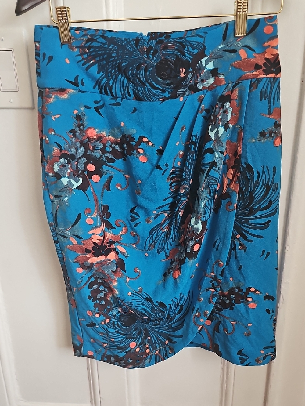Blue Floral Pencil Skirt with Coral Accents